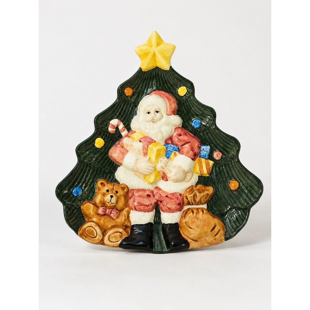 Vintage WCI Santa Christmas Tree Ceramic Cookie Plate Teddy Bear 10.5"